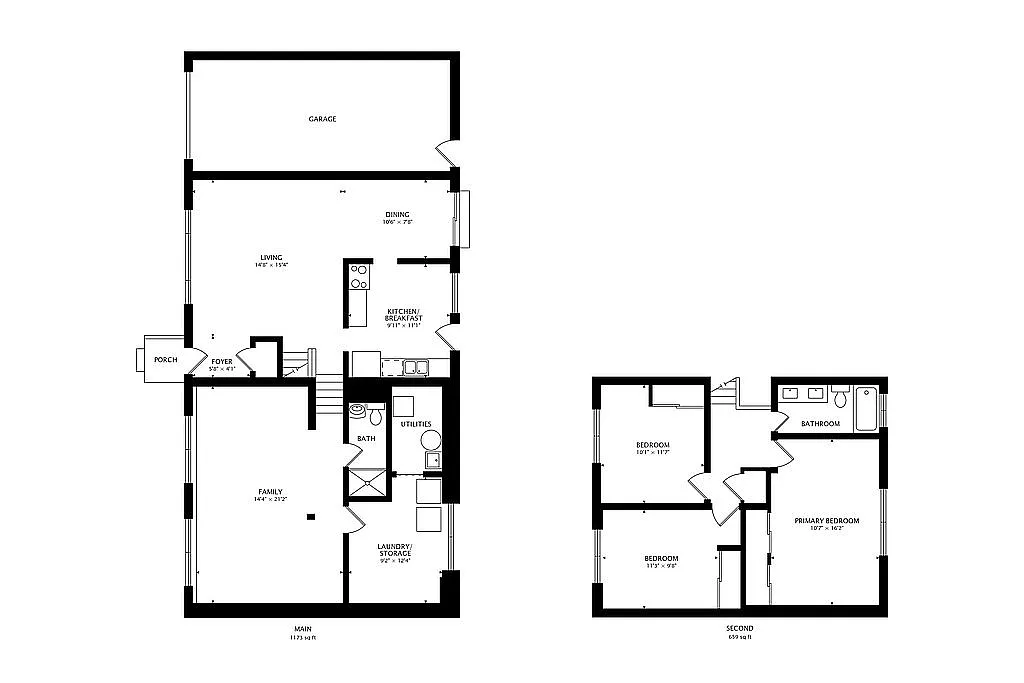 Floor plan of both levels. Main level (1,173 sq ft): garage, living, dining, kitchen/breakfast, foyer, porch, family room, bath, and laundry/storage. Second level (659 sq ft): primary bedroom, two additional bedrooms, and a bathroom.