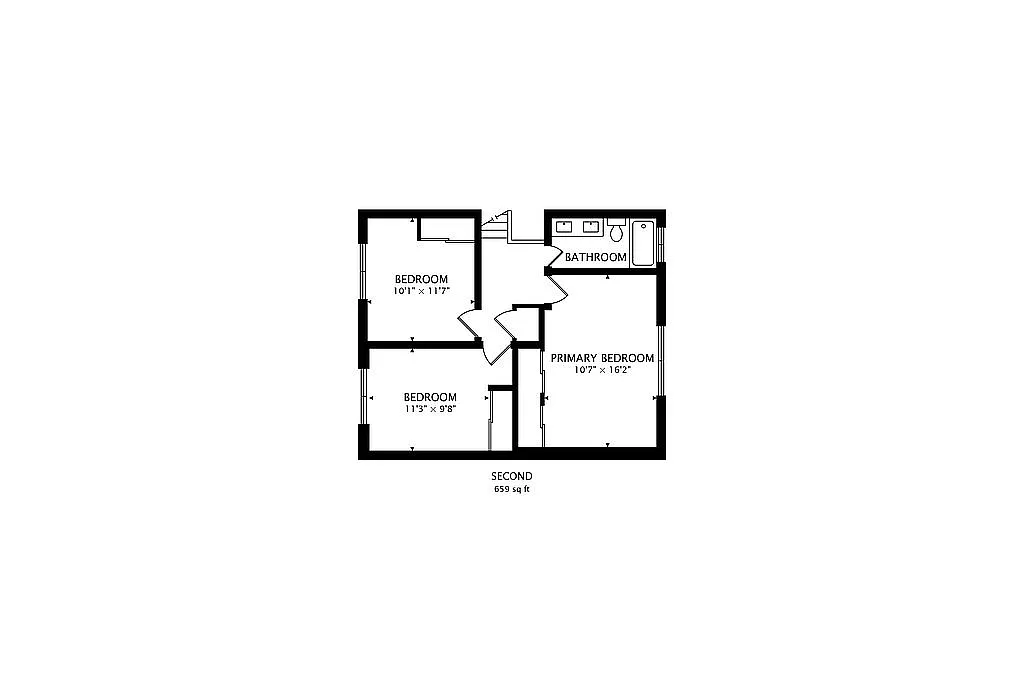 Second level floor plan (659 sq ft) showing the primary bedroom (10'7 x 16'2), a second bedroom (10'1 x 11'7), a third bedroom (11'3 x 9'8), and a full bathroom.