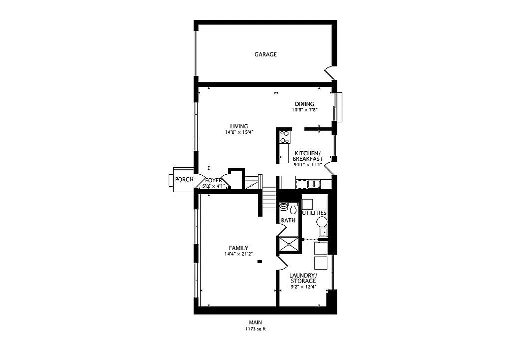 Main level floor plan (1,173 sq ft) showing the attached garage, living room (14'8 x 15'4), dining room, kitchen/breakfast, foyer and porch, large family room (14'4 x 21'2), full bath, utilities, and laundry/storage.